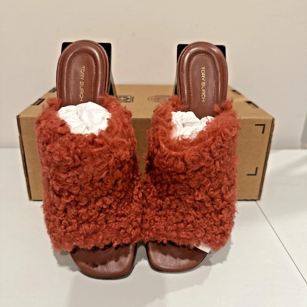 Tory Birch Size 10M Block T Heel Mule Kaku Shearling Sandal 80mm Smoked Paprika